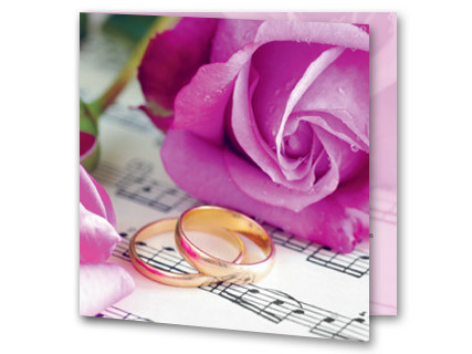 Hochzeitseinladung Goldringe Musiknoten Rose quadratisch